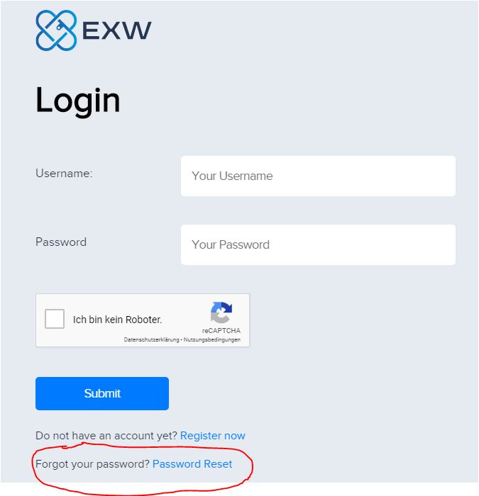 EXW wallet Passwort zurücksetzen